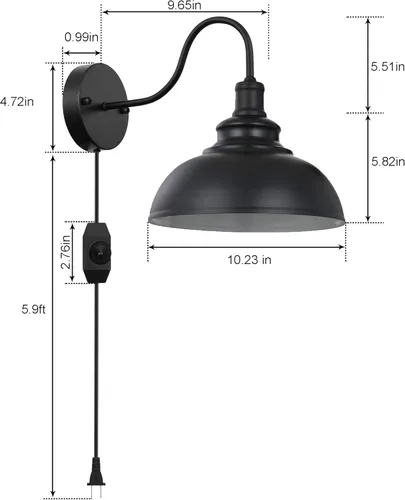 Miniatura 3 de Apliques de pared industriales de cuello de cisne negro con base E26 con interruptor de atenuación de intensidad de estilo vintage para casa