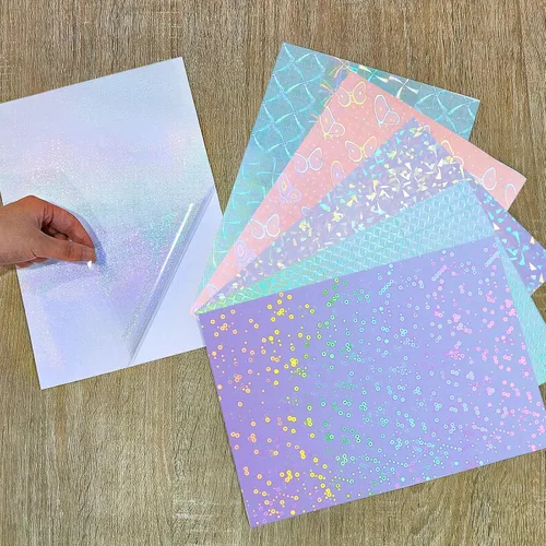Miniatura 7 de Clabby 36 hojas de papel adhesivo holográfico A4, láminas laminadas holográficas de vinilo, autoadhesivas, impermeables, transparentes, 11.7 x 8.3