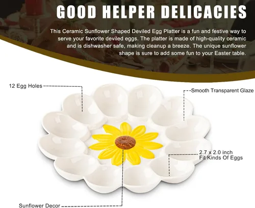 Miniatura 3 de YU&CH Bandeja de huevo Deviled de girasol de cerámica - Plato de huevo blanco para fiesta