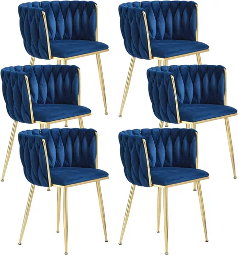 Miniatura 18 de Juego de 2 sillas de comedor de terciopelo, modernas sillas de comedor tapizadas con patas de metal dorado y respaldo tejido para comedor, cocina