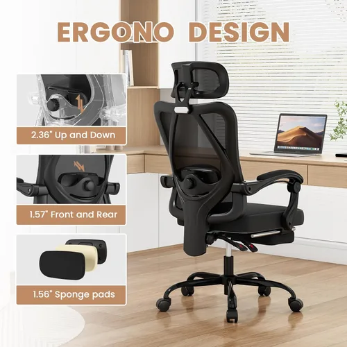 Miniatura 4 de Farini Silla de oficina con reposapiés, silla de oficina ergonómica de malla con reposacabezas, silla de escritorio de respaldo alto con soporte