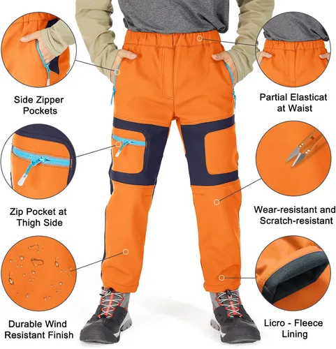 Miniatura 9 de linlon Pantalones impermeables para la nieve para niños y niños, forro polar lind para senderismo, softshell, cálidos, con aislamiento térmico
