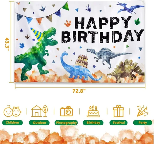 Miniatura 5 de WERNNSAI Fondo de dinosaurio de acuarela – 73 x 43 pulgadas, decoración de fiesta de cumpleaños de dinosaurio para niños, grande, para interiores