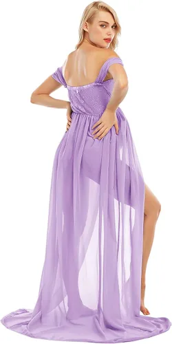 Miniatura 5 de ZIUMUDY Vestido de gasa de maternidad con hombros descubiertos para sesión de fotos, vestido largo de encaje frontal dividido para fotografía