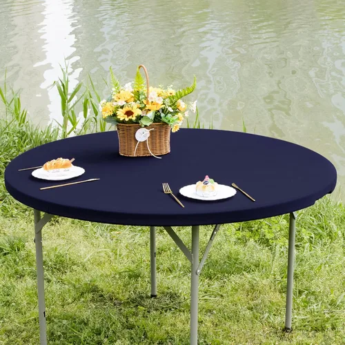 Miniatura 2 de Mantel redondo ajustable elástico de 5 pies de elastano elástico para comedor, interiores y exteriores, fiestas, color azul marino, 60 pulgadas