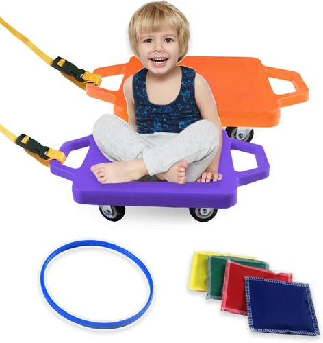 Miniatura 8 de 2 tablas de patín de plástico con asas para niños sentados y entrenamiento deportivo, con 1 anillo, 2 cuerdas y 4 pufs, juego de interior y exterior
