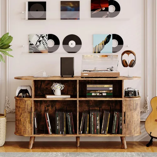 Miniatura 10 de Garvee 35'' Fluted Mid Century Modern Turntable Cabinet, Large Round Record Player Stand with Charging Station and Display Shelf, Arched Wood Record