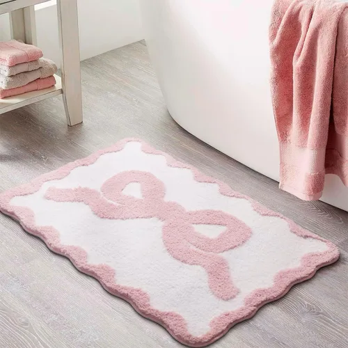 Miniatura 8 de Alfombra de baño con lazo rosa para baño, de 16 x 24 pulgadas, bonita alfombra de baño pequeña con bordes festoneados, microfibra suave