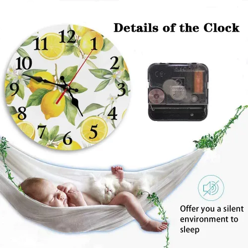 Miniatura 4 de Britimes Reloj de pared redondo silencioso sin tictac, funciona con pilas, 10 pulgadas, decoración del hogar de limón de verano para sala de estar