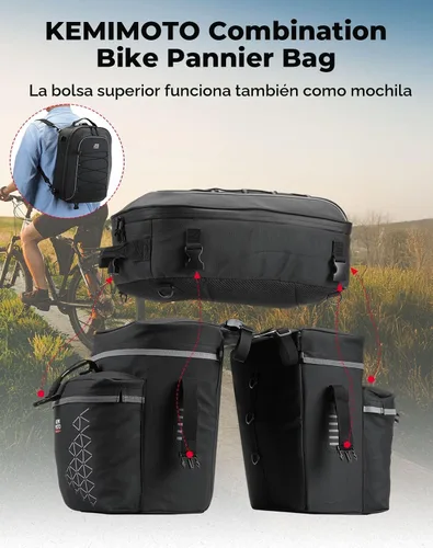 Miniatura 2 de KEMIMOTO Combo de alforjas de bicicleta 3 en 1, bolsa de comestibles para sillín de bicicleta con cubierta impermeable para lluvia, 52 L, gran