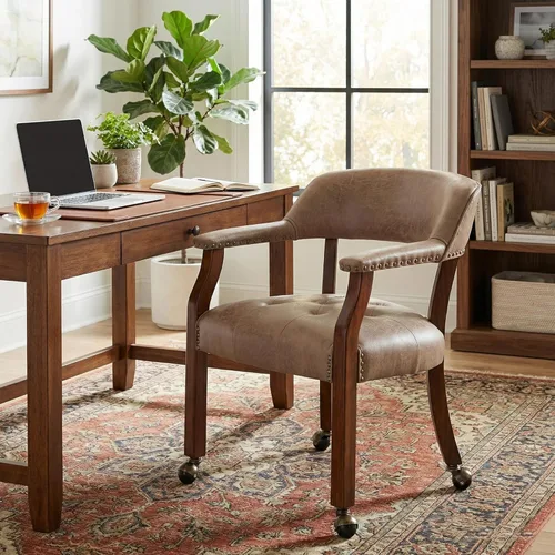 Miniatura 24 de Sillas de comedor con ruedas y brazo, sillas de capitán Caster Boss con patas de madera maciza, sillas de escritorio de oficina con botón tapizado
