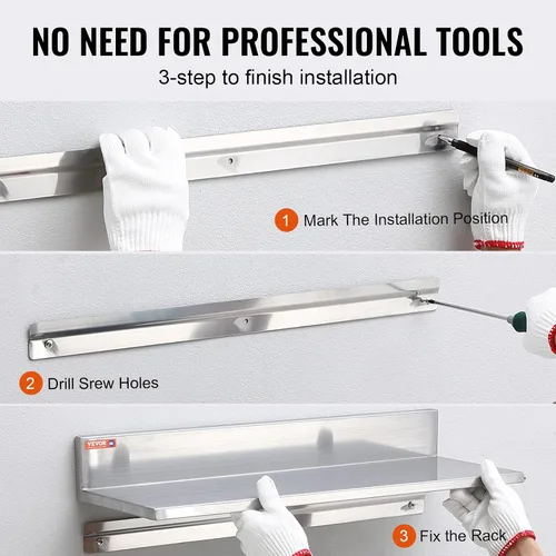 Miniatura 7 de VEVOR Estante de pared de acero inoxidable, 8.6 x 16 pulgadas, paquete de 2 con protector contra salpicaduras, soporta 44 libras, ideal para cocina