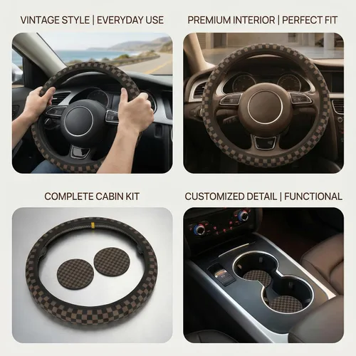 Miniatura 3 de Funda para volante de automóvil de 15 pulgadas y 2 posavasos de automóvil a cuadros Funda de volante a cuadros color negro marrón antideslizante