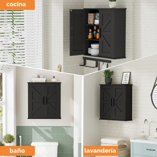 Miniatura 6 de Homleke Armario de pared para baño, armario de almacenamiento sobre inodoro con puertas de granero y estantes ajustables, botiquín de 3 niveles