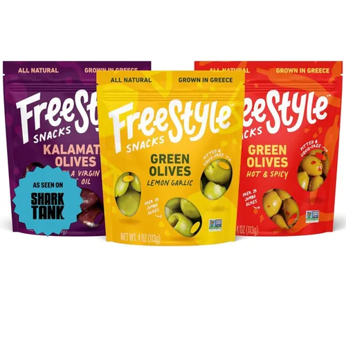 Freestyle Snacks Paquetes de Aperitivos de Aceitunas - Como se Vio en Shark Tank - Aceitunas Kalamata y Verdes Frescas Deshuesadas, Cultivadas en