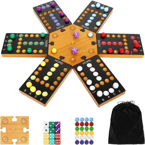 Juego de mesa de mármol, juego de mesa de madera para 4 y 6 jugadores, juego de mármol original portátil con 24 canicas, 12 dados para familiares y