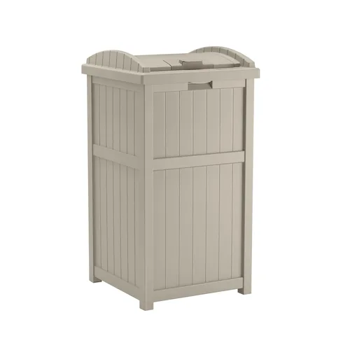 Suncast Hideaway - Cubo de basura para exteriores con tapa, 30 galones, color gris pardo claro, cubo de basura decorativo estilo mimbre, resina