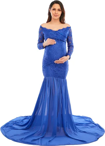 ZIUMUDY Vestidos de maternidad de encaje con hombros descubiertos para sesión de fotos, vestido de fotografía envuelto de manga larga con cola larga