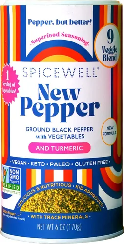 Spicewell - Nuevo pimentero - Pimienta negra ayurvédica con cúrcuma, 21 vitaminas y minerales a base de plantas - Molido fino, sabor fresco