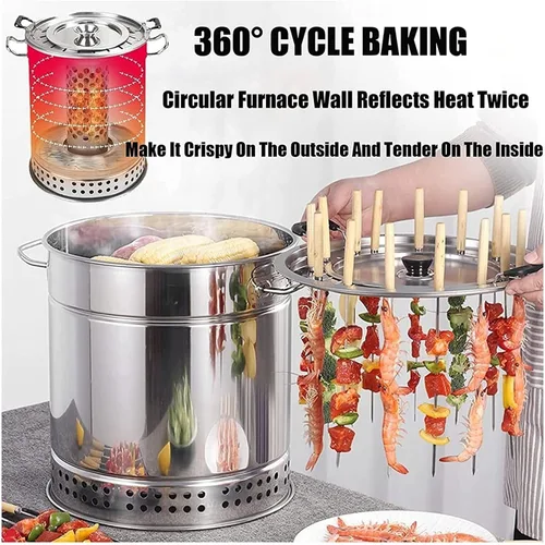 Miniatura 6 de Parrilla de barbacoa de barril de carbón ahumador, estufa colgante para barbacoa, parrilla de barbacoa de acero inoxidable con 20 pinchos de kabob