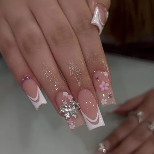 Miniatura 9 de LPOODDNU 24 uñas postizas largas cuadradas a presión, uñas postizas francesas, uñas acrílicas de color rosa brillante, cobertura completa, perlas
