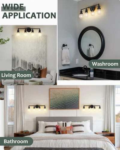 Miniatura 5 de Lámpara de tocador de 4 luces, aplique industrial de pared negra, lámpara de pared de baño de granja, lámpara de pared con base E26 vintage