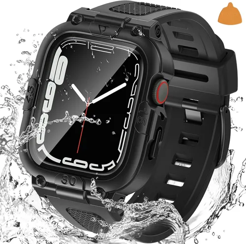 Miniatura 25 de Goton Estuche impermeable 3 en 1 con correa para Apple Watch con protector de pantalla de vidrio templado incorporado de 40 mm, cubierta frontal