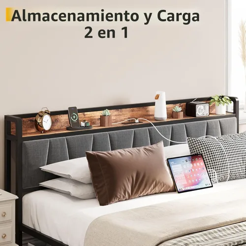 Miniatura 3 de LIKIMIO Base de cama tamaño King, cabecera de almacenamiento con estación de carga, cama de plataforma con cajones, no necesita somier, fácil Marrón