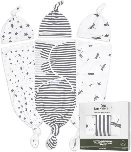 Jam Naturals - Conjunto de 3 mantas y gorro de velcro ajustable con lazo orgánico, Gris