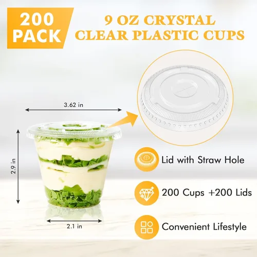 Miniatura 2 de Vplus Paquete de 200 vasos de plástico PET de 9 onzas con tapas planas, vasos de plástico desechables de cristal para parfait, frutas, postres