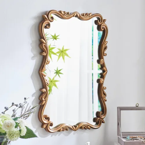 Espejo dorado vintage para baño, madera festoneada antigua arqueada de longitud completa, 15.7 x 23.8 pulgadas, espejos de pared barrocos de madera