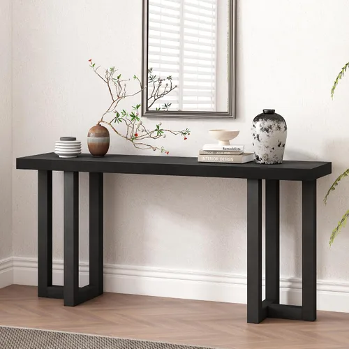 Miniatura 16 de Mesa de consola de madera de 152 cm con tapa de chapa de roble y patas curvadas delgadas de madera de goma, elegante mesa de sofá para sala