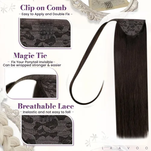 Miniatura 2 de LaaVoo Extensión de cola de caballo de cabello humano marrón para mujer, extensiones de cola de caballo marrón oscuro, extensiones de cabello humano