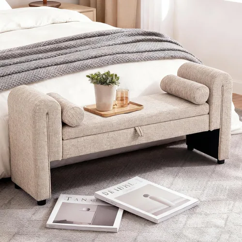 Miniatura 13 de Banco de almacenamiento de terciopelo para dormitorio, extremo de la cama con 2 almohadas, banco otomano tapizado con botones copetudos, reposapiés
