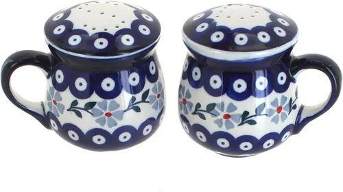 Miniatura 4 de Blue Rose Polish Pottery - Saleros y pimenteros de margaritas rojas con asas - 3.75 pulgadas de alto - Juego de condimentos de cerámica pintados a