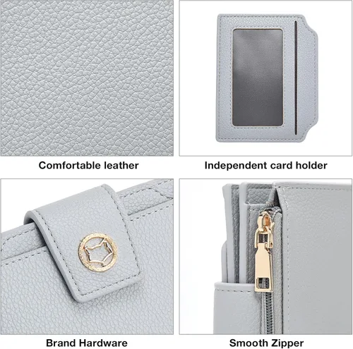Miniatura 6 de FOXLOVER Cartera pequeña de piel suave para mujer, con bloqueo RFID, bolsillo con cremallera, tarjetero, con ventana de identificación