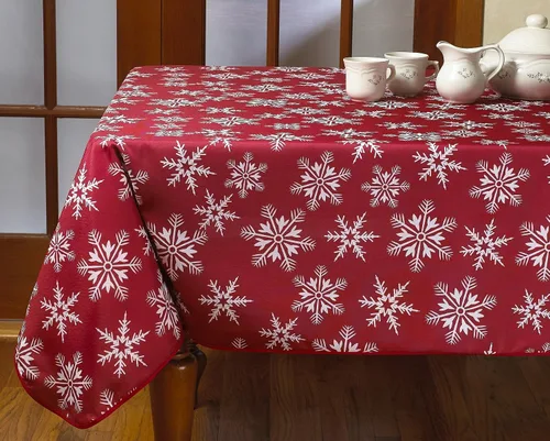 Miniatura 6 de Violet Linen Manteles rojos decorativos con diseño de copos de nieve navideños - 60" redondos