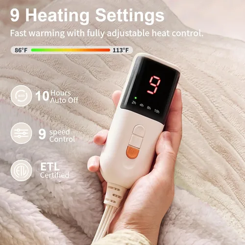 Miniatura 2 de Manta eléctrica Texciting tamaño King de 100" x 90" - Manta térmica con control dual, calentamiento rápido, 9 niveles de calor y 10 horas de apagado