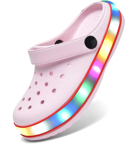 XPKWS Zuecos para niños pequeños, niños y niñas, zapatos de jardín con luces LED, sandalias ligeras con luces, antideslizantes, de secado rápido,