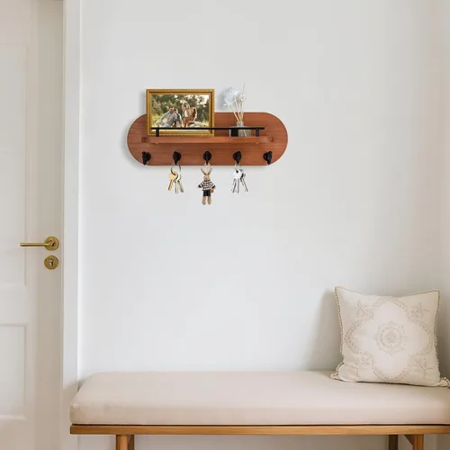 Miniatura 2 de SANY DAYO HOME Soporte para Llaves de Pared de Madera Marrón con Perchero de Entrada con 5 Ganchos Dorados, Barandilla de Estante de Metal