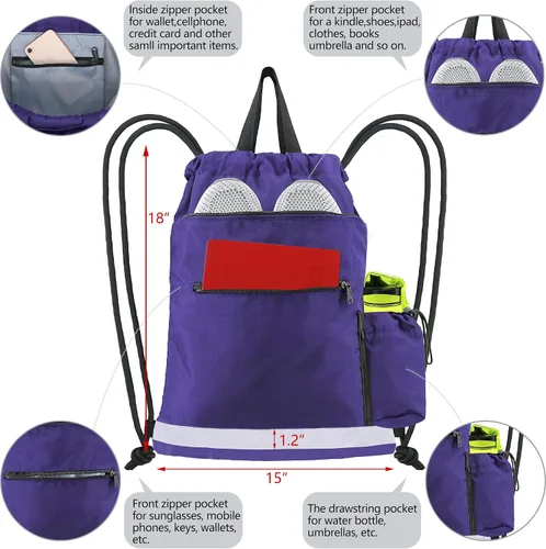 Miniatura 3 de Mochila con cordón, con estilo deportivo, bolsa de gimnasio para mujeres, hombres y niños, bolsa de gran tamaño con zíper y bolsillos de malla