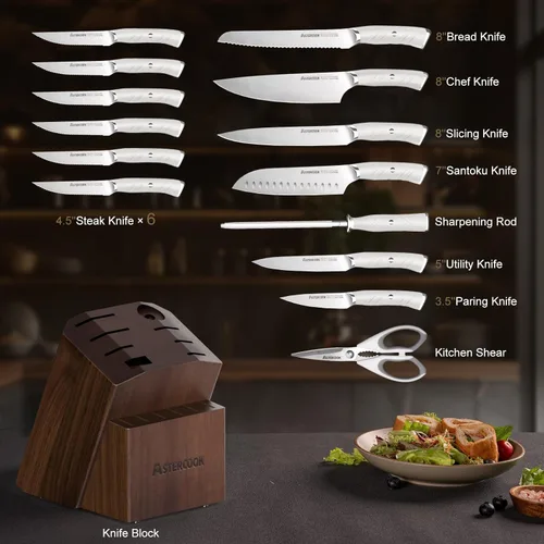 Miniatura 2 de Juego de Cuchillos, Juego de Cuchillos de Cocina Astercook con Bloque, 15 Piezas de Lujosos Cuchillos de Acero Inoxidable Alemán de Alto Carbono