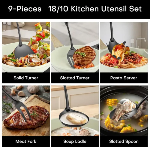 Miniatura 4 de Lazycorner Juego de utensilios de cocina de 9 piezas de acero inoxidable 304 con acabado espejo pulido, cucharas para cocinar, cuchara ranurada