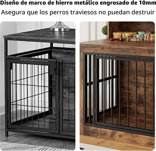 Miniatura 7 de IRONCK Mueble de jaula extragrande para perros, jaula de madera de 43.3 pulgadas con almacenamiento y 4 ganchos, jaula resistente para perros Marrón