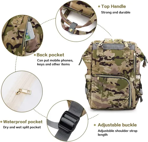 Miniatura 3 de LIMHOO Mochila para pañales para hombres y papá, bolsa de pañales de camuflaje de lona grande impermeable para el cuidado del bebé, Camuflaje