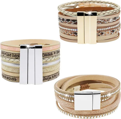 Miniatura 5 de Wowanoo - Juego de 3 pulseras de cuero de varias capas con cierre magnético para mujer, con cristales, ramas de árbol pulseras para mujer.