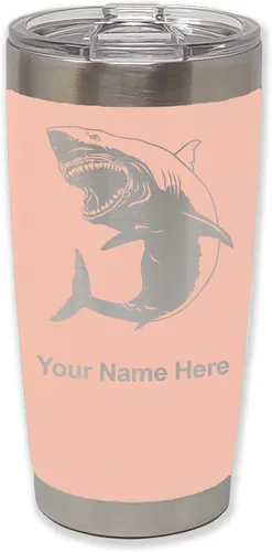 Miniatura 32 de LaserGram Vaso aislado al vacío de 20 onzas, gran tiburón blanco, grabado personalizado incluido (negro)