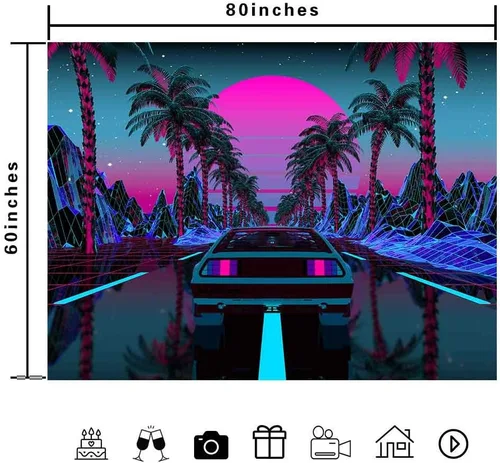 Miniatura 5 de Ine Ive Tapiz de coche de los años 80, escena urbana de la calle, palmeras, puesta de sol, cielo estrellado, tapiz de pared punk, 40 x 30 pulgadas