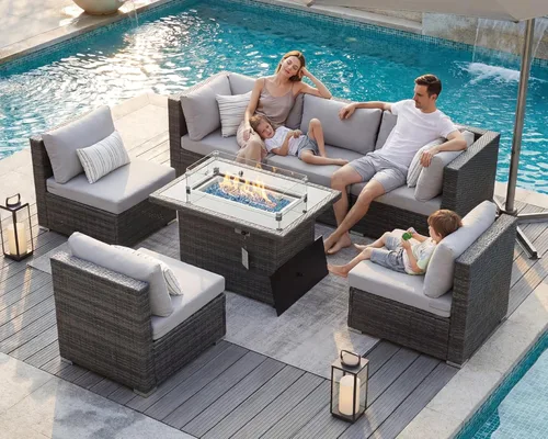 Miniatura 36 de BULEXYARD Juego de 7 piezas de sofá seccional para exteriores con respaldo alto, mesa para fogatas, juego de muebles de patio de mimbre resistente a