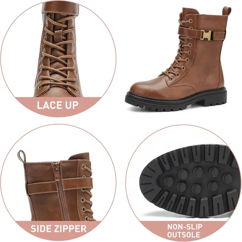 Miniatura 5 de CentroPoint Botas de combate con cordones para mujer, tacón bajo, media pantorrilla, botas militares, punta redonda, cremallera lateral, hebilla al